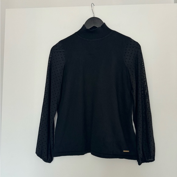 Anne Klein Black Mock Neck Sweater with Polka Dot Sheer Sleeves - Picture 4 of 6